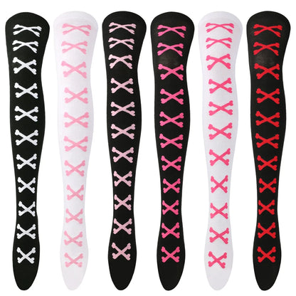 Womens Bone Thigh High Stockings Ladies Halloween Girls Black White Pink Long Over Above Knee Socks Tall Funny Cosplay Harajuku