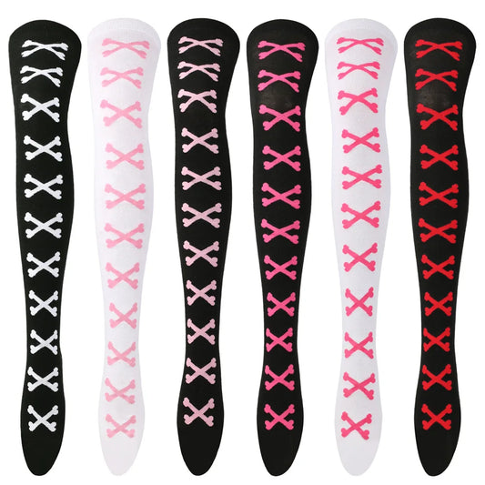 Womens Bone Thigh High Stockings Ladies Halloween Girls Black White Pink Long Over Above Knee Socks Tall Funny Cosplay Harajuku