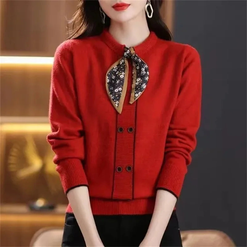 Korean Female Round Neck Pullover Knit 2025 Women Fashion Large Size 4XL Knitted Coat Autumn Ladies Tie Up Sweater Short Jacket