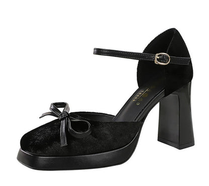 Velvet Platform Ankle Strap High Heels With Bow Block Heel Party Prom Evening Formal Comfortable Thick Heel Closed Toe Sandals