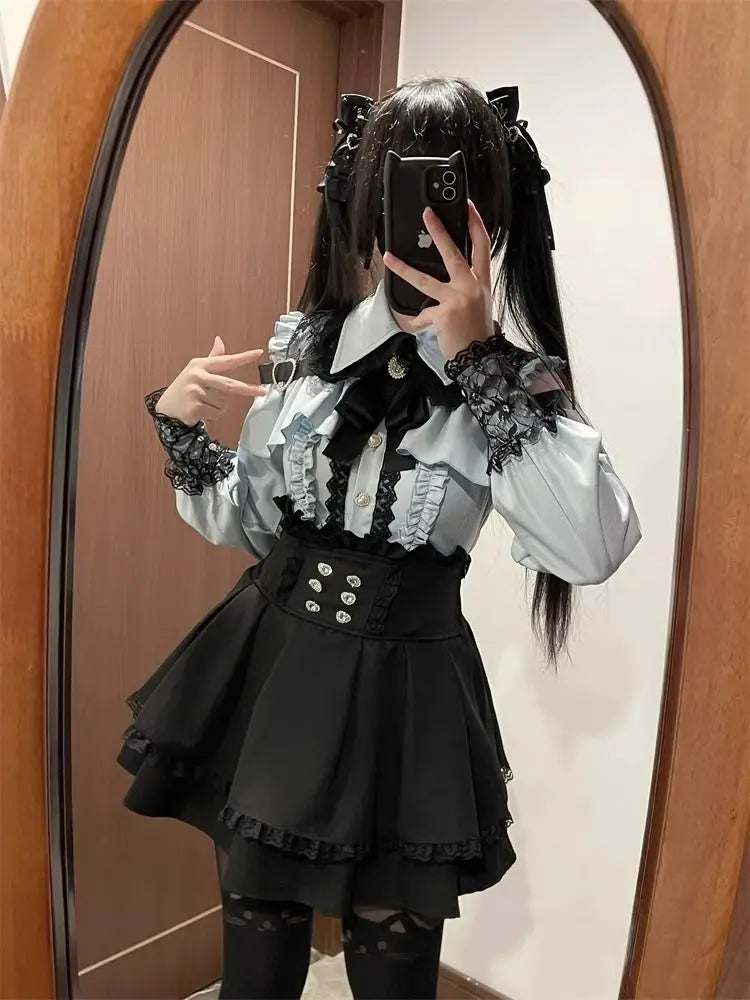 Gothic Women's Clothing Shirt Long Sleeve Lolita Blouse Japanese Bow Tie Sweet Cute Tops Design Streetwear Y2k Retro Blouse New