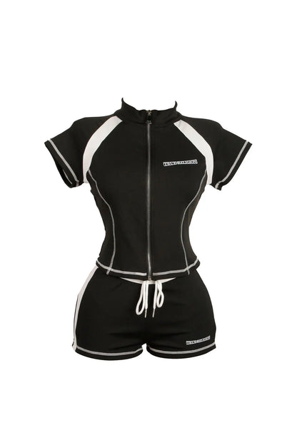 2025 Summer European and American Street Spice Girl Style Zipper Cardigan Slim Casual Sports Short-sleeved T-shirt Top Set