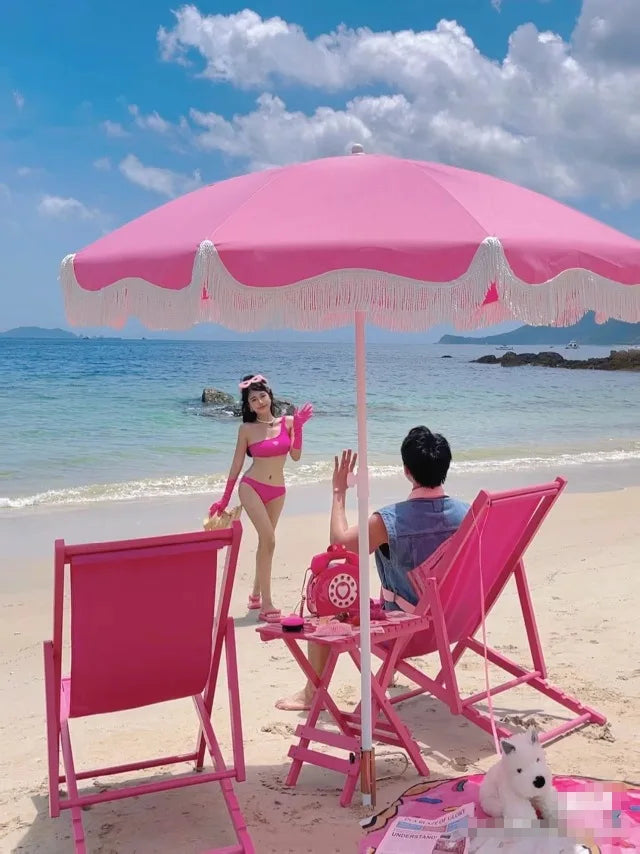 Pink beach parasol, white outdoor props, sun umbrella, garden big beach umbrella promotional advertising umbrella