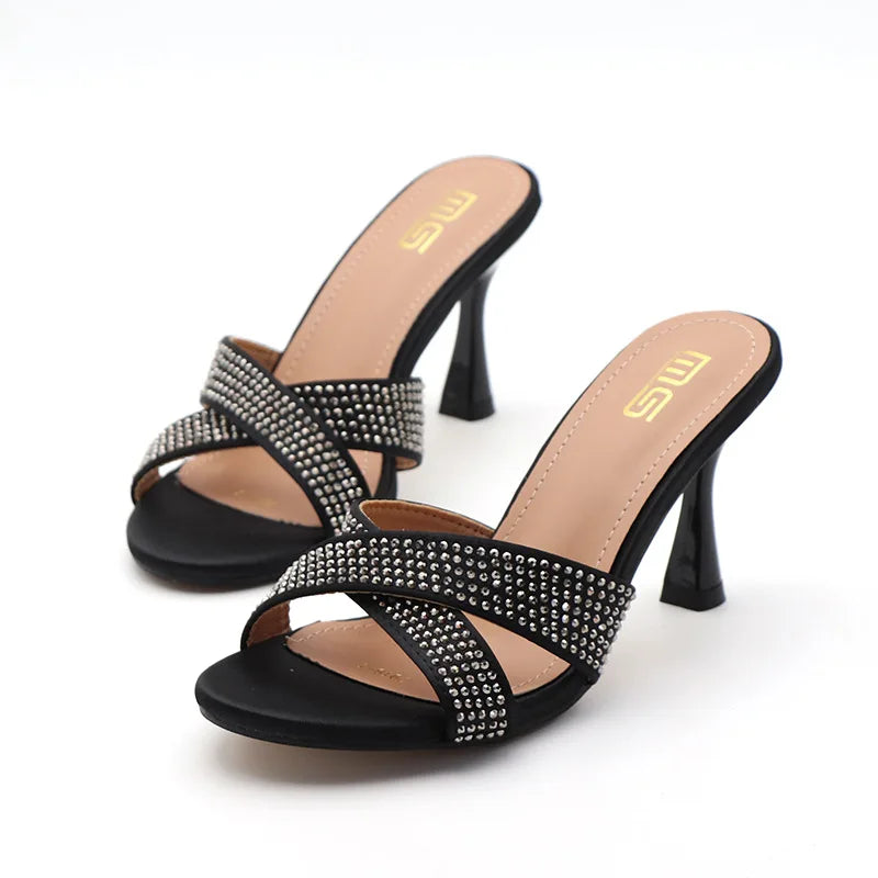 Rhinestone Slippers For Woman 2025 New Elegant Party Shoes Summer Thin High Heeled Slides Fashion Women Sandals Zapatos Mujer