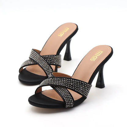 Rhinestone Slippers For Woman 2025 New Elegant Party Shoes Summer Thin High Heeled Slides Fashion Women Sandals Zapatos Mujer