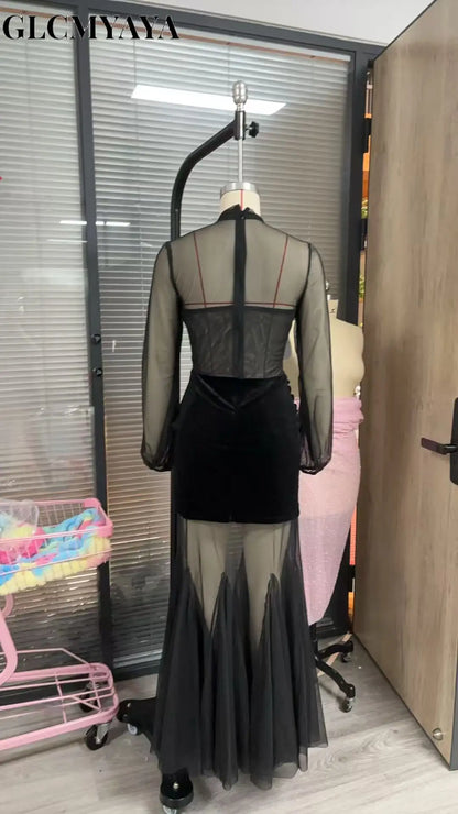 GLCMYAYA Mesh See Through Women Full Sleeve Velvet Bodycon Long Dress 2025 Fall Birthday Party Evening Prom Maxi Mermaid Dresses
