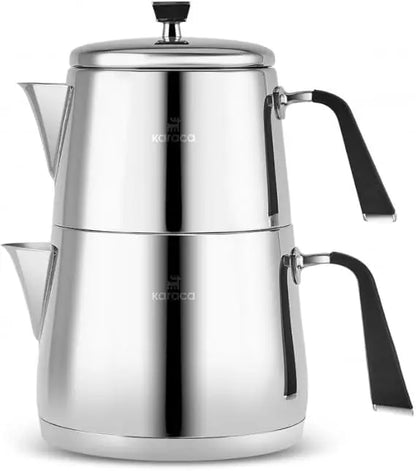 Stainless Steel XL Turkish Teapot Set with 1L Pot and 2L Tank, Compatible with Stovetop and Induction, Elegant Design for Large