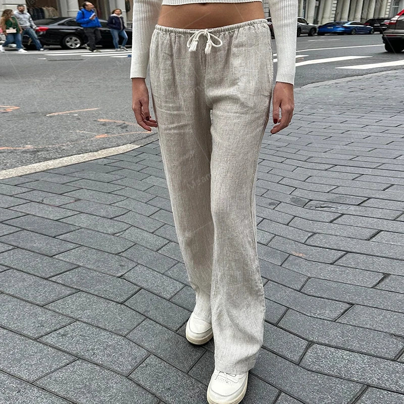 Y2K Vintage Striped Loose Pants Comfy Loung Pants Streetwear Casual Tie Up Waist Wide Leg Trousers Women Pajamas Sleepwear