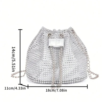 Sparkling Rhinestone Embellished Drawstring Crossbody Bag for Women Multi-Functional Bucket Purse with Detachable Chain Strap
