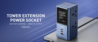 LDNIO Vertical Universal Socket Tower Power Strip Multi Outlets with 45W PD USB C Fast Charging Stations Extension Cable LED