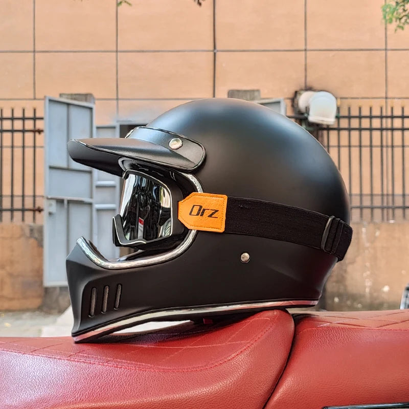 VOSS Retro Motorcycle Helmet, Retro Coffee Racer, Personality, Full Face, DOT Certified, Jetvintage silver mirror
