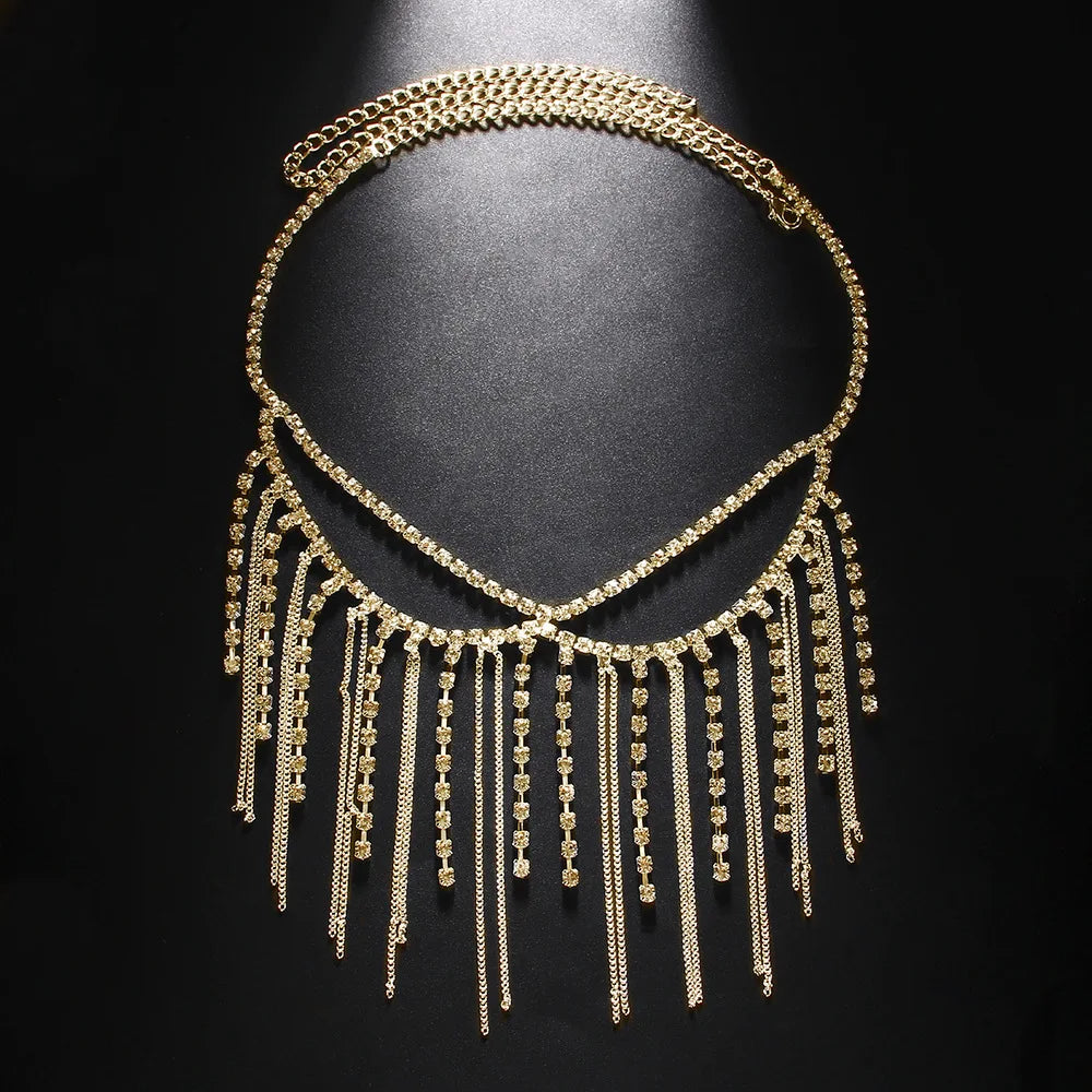 Fashion Rhinestone Tassel Mask Metal Chain Face Decoration Halloween Luxury Double-deck Crystal Veil Mask Belly Dance Jewelry