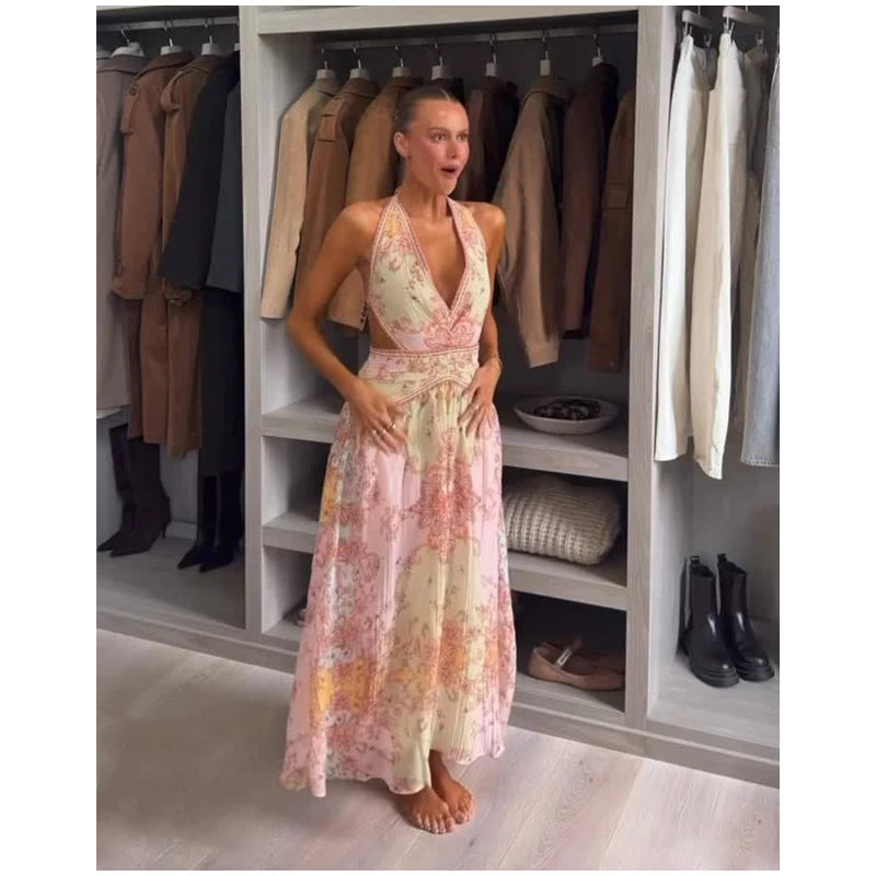 Vintage Floral Halter Deep V Neck Women's Dress Sexy Side Waist Cutout Flowy Long Sundress Summer New Chic Vacation Party Outfit