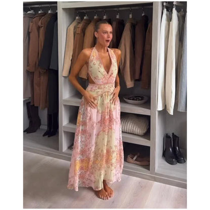 Vintage Floral Halter Deep V Neck Women's Dress Sexy Side Waist Cutout Flowy Long Sundress Summer New Chic Vacation Party Outfit