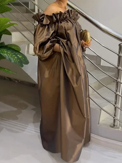 Women Fashion Falbala Elegant Evening Maxi Dresses  New Spring Puff Sleeves Pleated Off-The-Shoulder Party Prom Dress