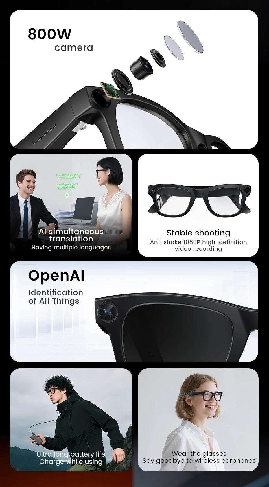 E02C Smart Glasses HD Photo Video Record OpenAI Real-time Translation Touch Photochromic Lenses Bluetooth Call Music Glasses