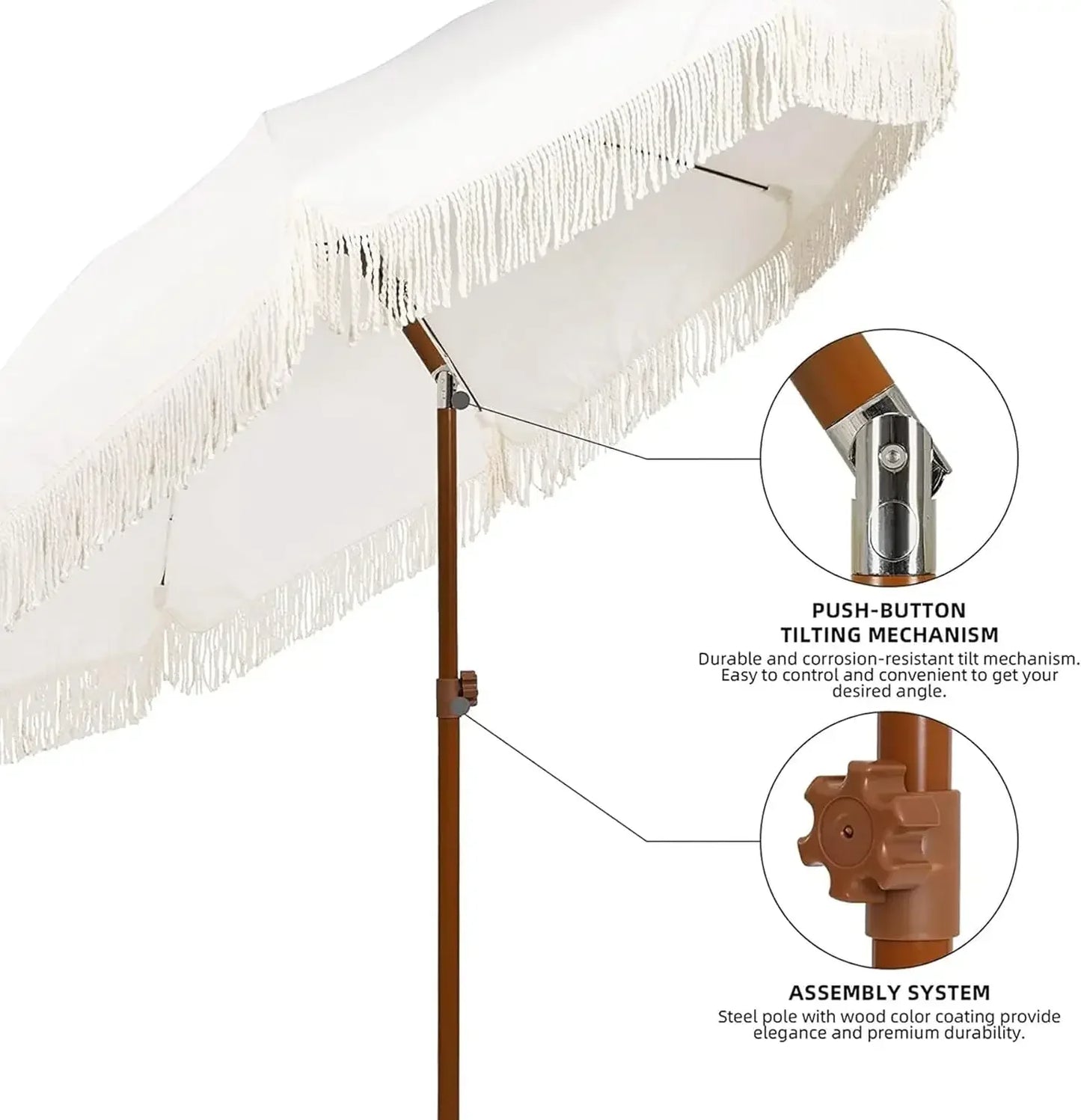 #For 7ft Patio Umbrella with Fringe Outdoor Tassel Umbrella UPF50+ Premium Steel Pole and Ribs Push Button Tilt,  Gazebo&