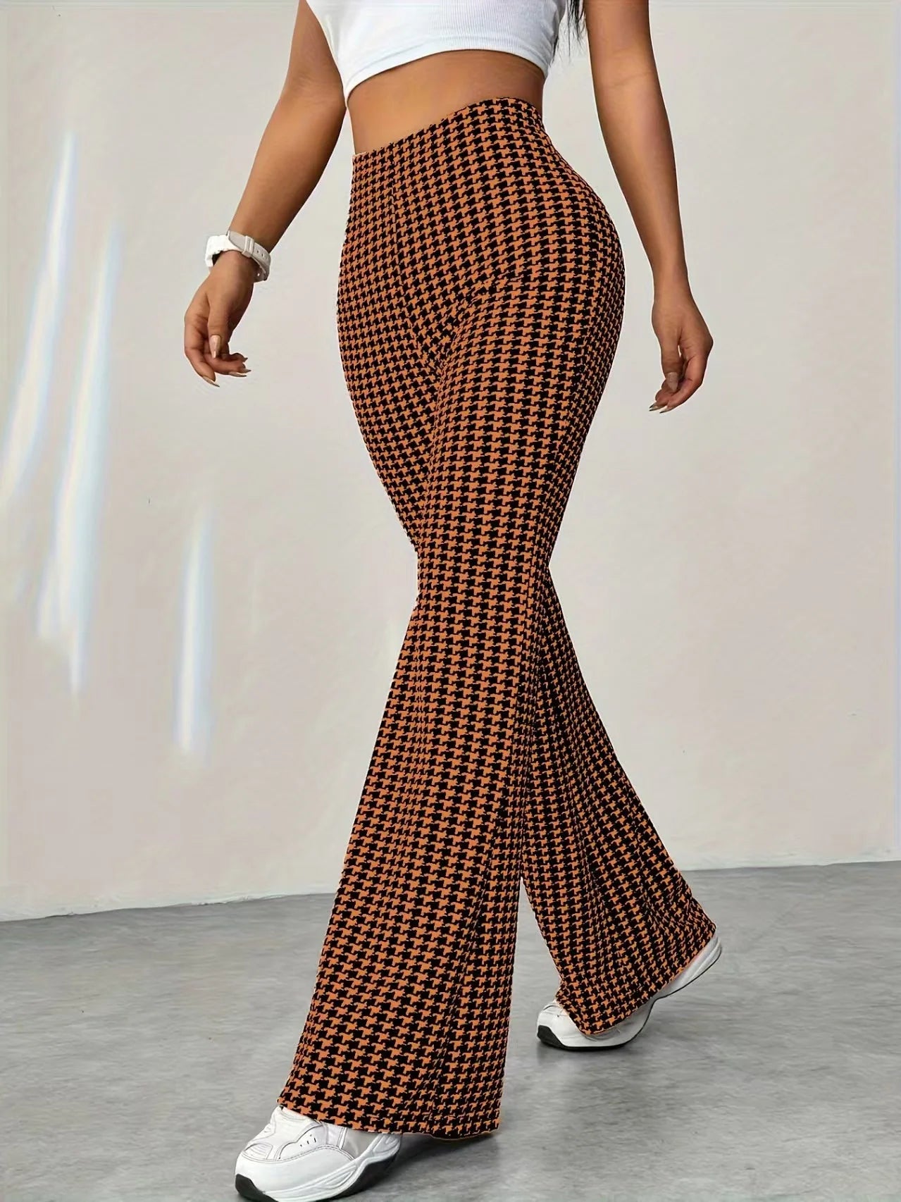 Elastic high waisted herringbone printed flared pants, fashionable casual pants, comfortable micro flared pants