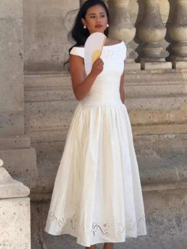 Minimalist White Boat Neck Midi Dress Women Elegant Cap Sleeve A-line Flare Eyelet Embroidery Vestido Wedding  Formal Party Gown