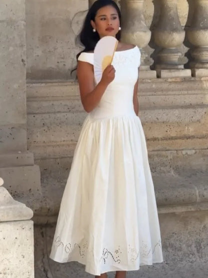 Minimalist White Boat Neck Midi Dress Women Elegant Cap Sleeve A-line Flare Eyelet Embroidery Vestido Wedding  Formal Party Gown