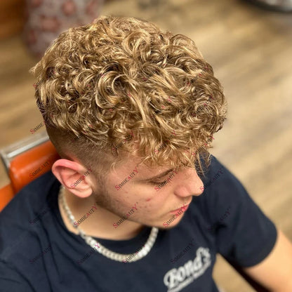 Microskin 0.06mm-0.08mm PU Base Natural Hairline Men's Curly Blonde Human Hair Wig Hair Replacement Capillary Prosthesis Toupee