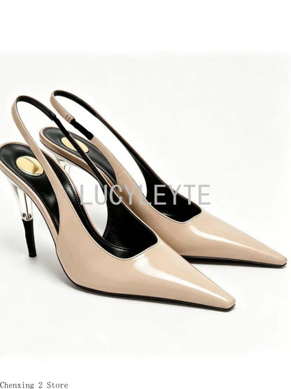 Women Satin Pointed‑Toe Stiletto Pumps with Clear Heel, Elegant Back Strap Dress Heels for Formal Dating Club Occasions