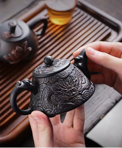Purple Pottery Relief Teapot Hand-carved Dragon Pattern Beauty Kettle Traditional Ball Hole Filter Pot Chinese Zisha Tea Set