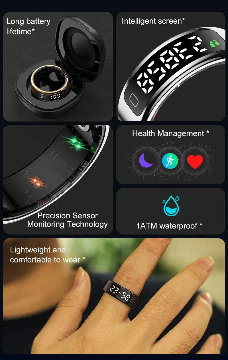 Touch Display Smart Ring R11C with Charging Box-1ATM Waterproof Step Health Tracker 5.2 BLE Heart Rate Blood Oxygen Monitor