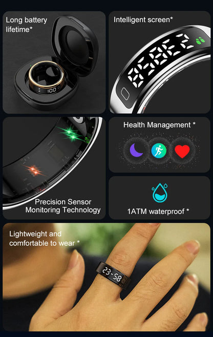 Touch Display Smart Ring R11C with Charging Box-1ATM Waterproof Step Health Tracker 5.2 BLE Heart Rate Blood Oxygen Monitor