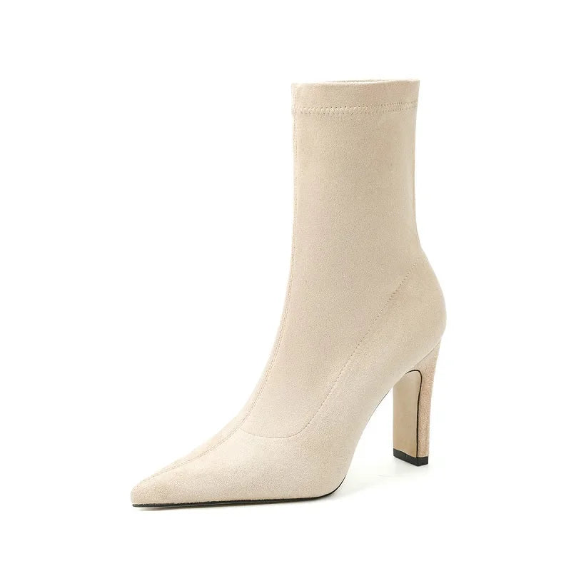 Eilyken Winter Thick Heel Sock Flock Women Boots Pointed Toe Ankle Booties Sexy Female Shoes Plus Size 34-42