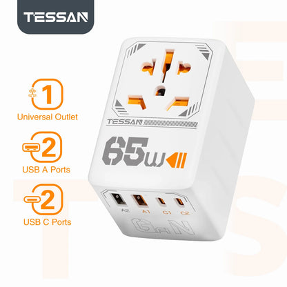 TESSAN International Plug Adaptor GaN Travel Adapter with Universal Outlet 1 USB A 3 Type C Fast Charger for EU/UK/USA/AUS