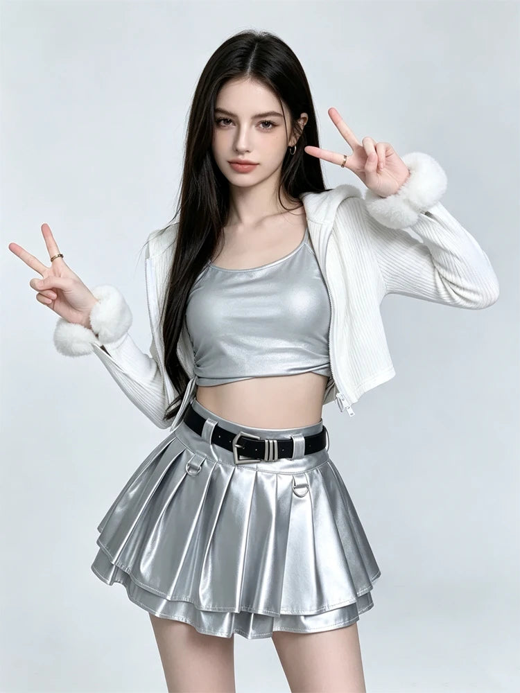Women Black A-line Leather Skirt Vintage Aesthetic Y2k Pleated Skirt Harajuku Korean Gothic Mini Skirt Emo 2000s Clothes Summer