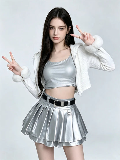 Women Black A-line Leather Skirt Vintage Aesthetic Y2k Pleated Skirt Harajuku Korean Gothic Mini Skirt Emo 2000s Clothes Summer
