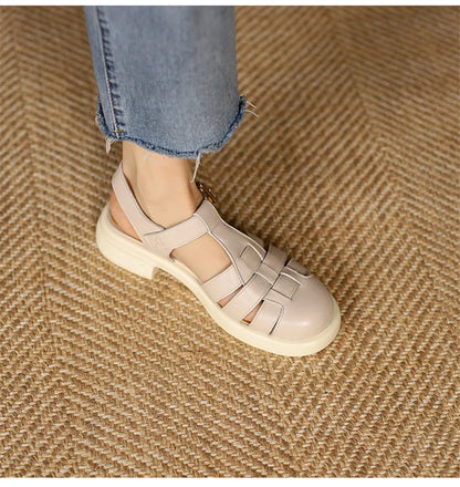 2023 Women Sandals Retro Genuine Leather Luxury Roman Sandals Casual Buckle Strap Summer Shoes GLADIATOR Thick Heel Women Shoes