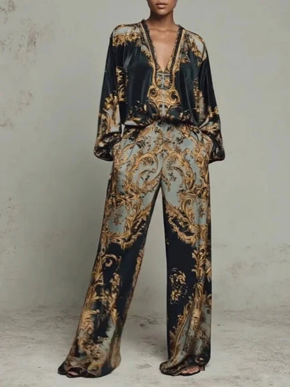 Retro Pattern Printed 2 Pieces Set for Woman Sexy Deep V Neck Top Blouses Elegant Outfit 2026 Spring Fall Wide Leg Trousers Suit