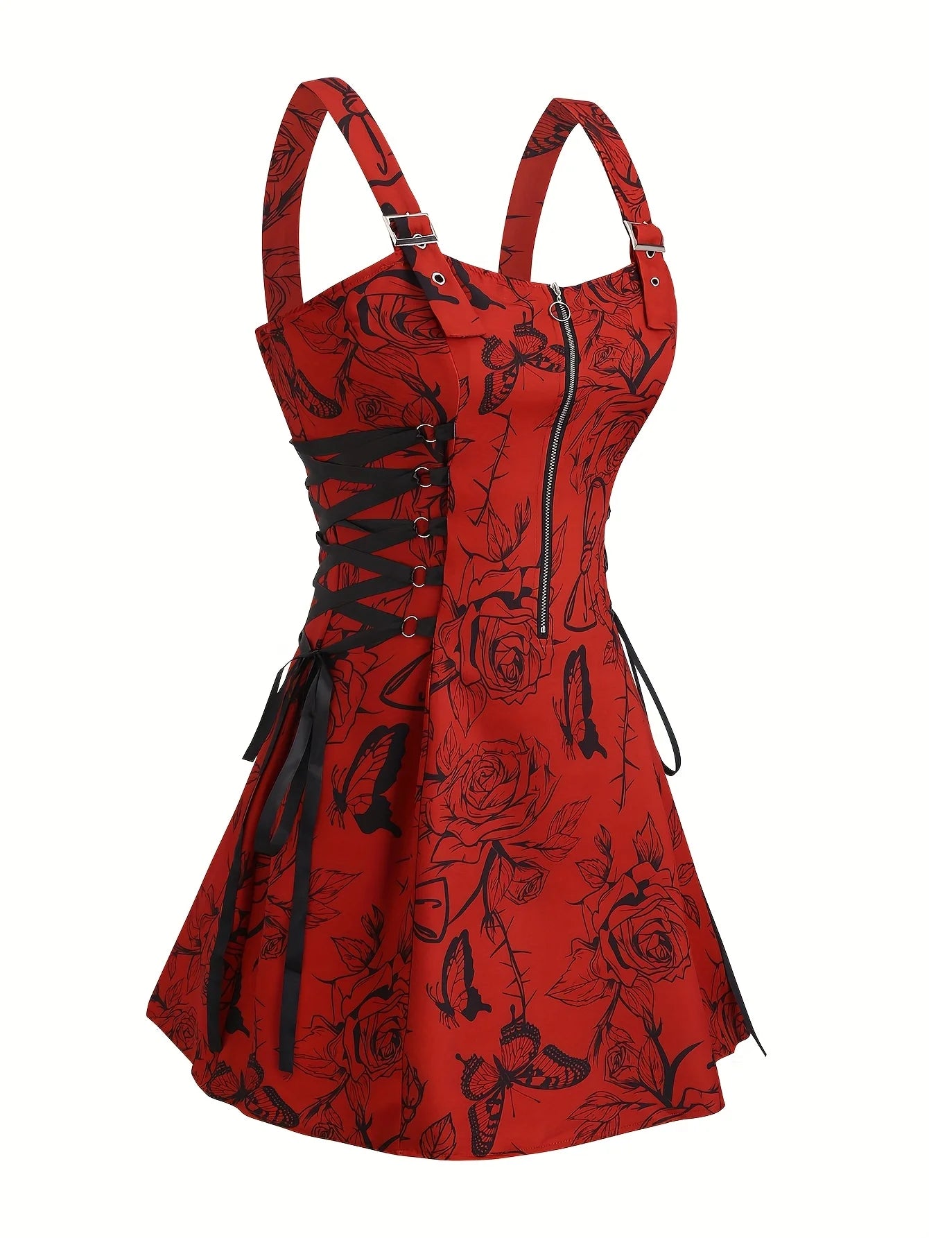 European and American trend oversized ladies slimming shoulder strap zipper full print skull pattern dress