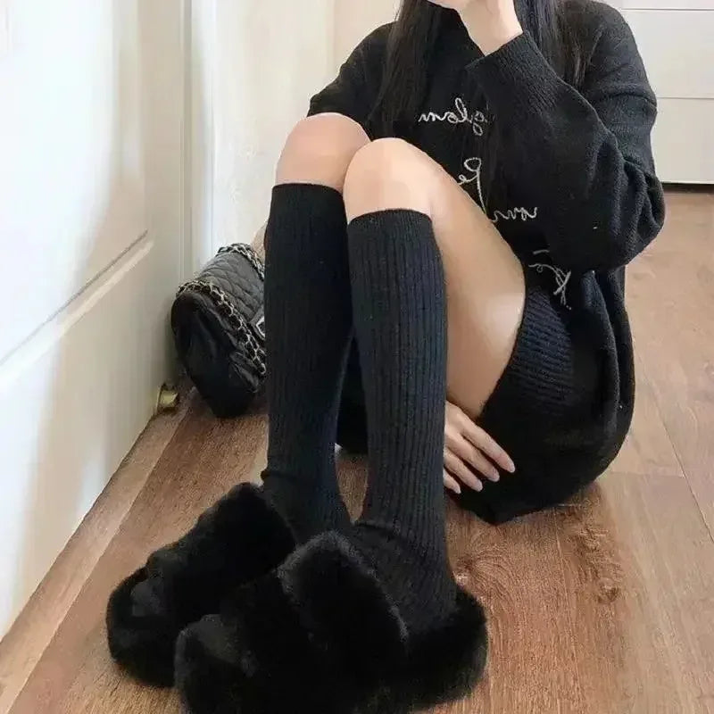 Long Socks Women Soft Wool Cashmere Socks Winter Solid Knitted Stocking Skinny Casual Knee High Fluffy Warm Thicken Girls Socks