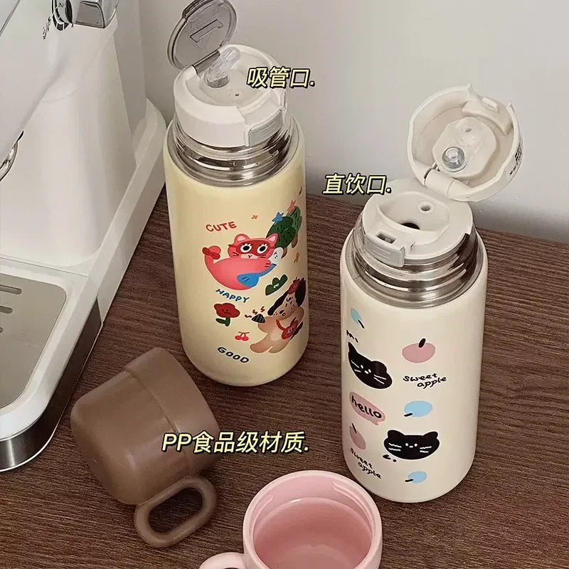 500ml Cartoon Stainless Steel Portable Thermos Cup,Cute Student Water Cup,Outdoor One Cover Dual-use Cup Vacuum Insulated Bottle
