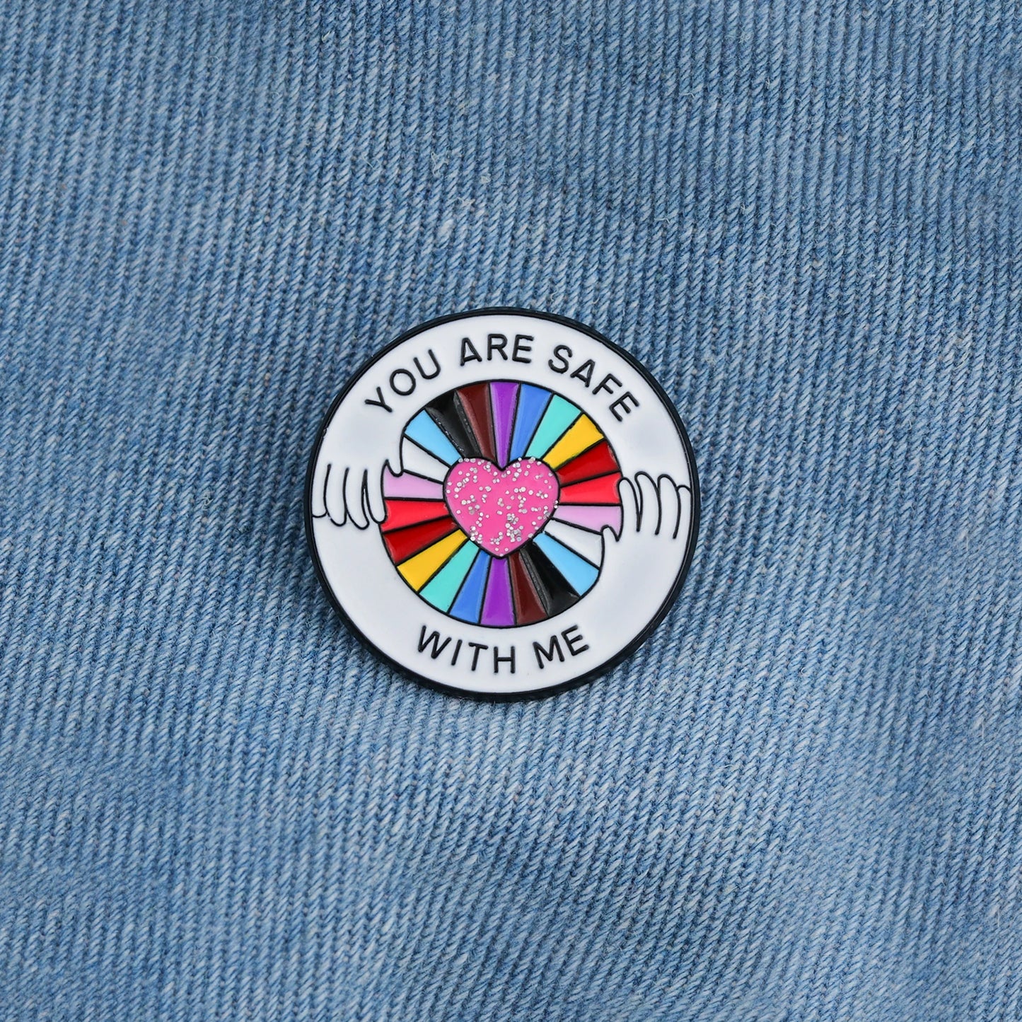 You Are Safe With Me Rainbow Glitter Heart Enamel Pin LGBT Pride Lapel Brooch Positive Quote Friendship Backpack Gift