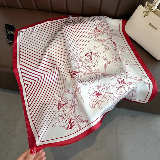 2025 New Fashion Women Silk Scarf 70cm Square Scarves Floral Print Bandana Neckerchief Hijab Lady Luxury