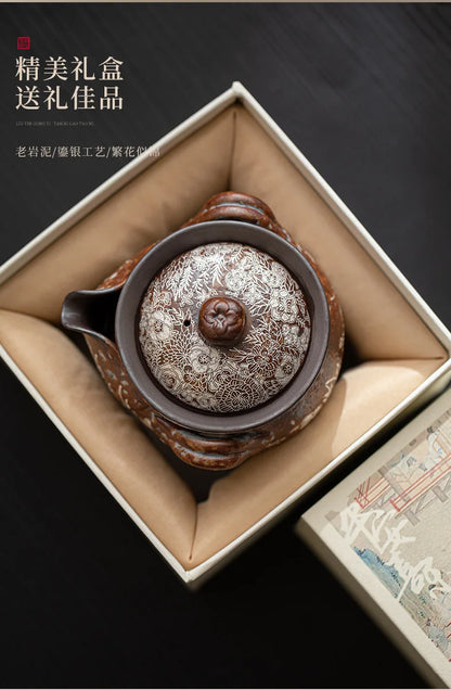 190ml Retro Flower Gilded Silver Hand Grasping Pot Old Rock Mud Treasure Bottle Pot Coarse Pottery Filter Kettle Kung Fu Teaset