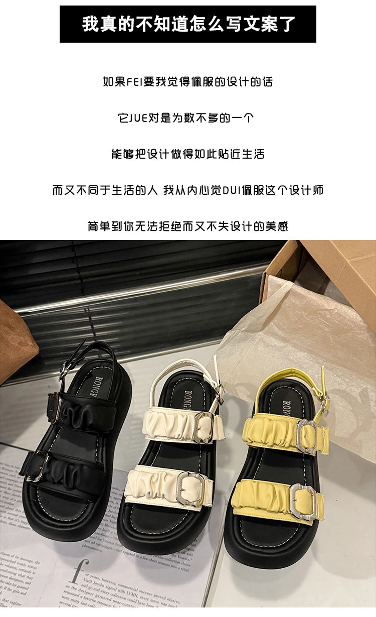 Designer's One Word Buckle Thick Bottom Women's Sandals Luxury Women's Shoes Round Head Fish Mouth Shoes Sponge Bottom Sandals