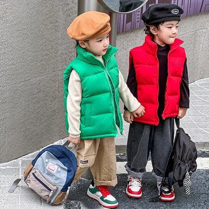 3-14 Years Winter Boys Girls Vest Fashion Letter High Neck Design Thick Keep Warm Waistcoat For Kids Children Down Coat