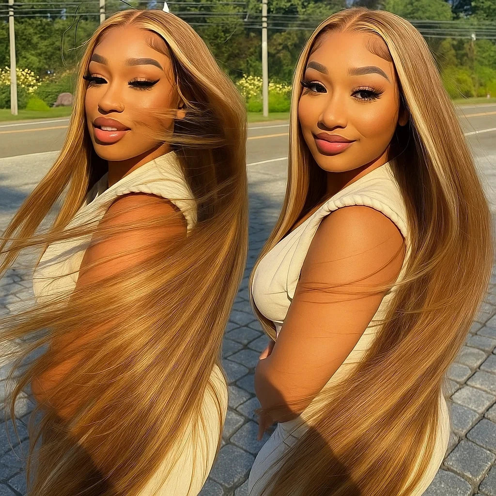 4/27 straight 13x4 Lace Frontal Highlight Wig Human Hair Brazilian 200 Density 30 Inch Ombre Blonde Colored Human Hair Wigs