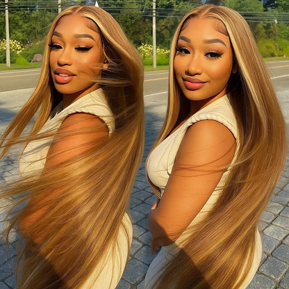 4/27 straight 13x4 Lace Frontal Highlight Wig Human Hair Brazilian 200 Density 30 Inch Ombre Blonde Colored Human Hair Wigs