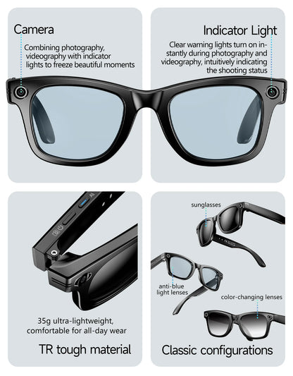 Smart AI Glasses 8MP Camera WiFi AI Translation Anti-Shake Bluetooth waterproof 4K Video photo capture Light music Sunglasses