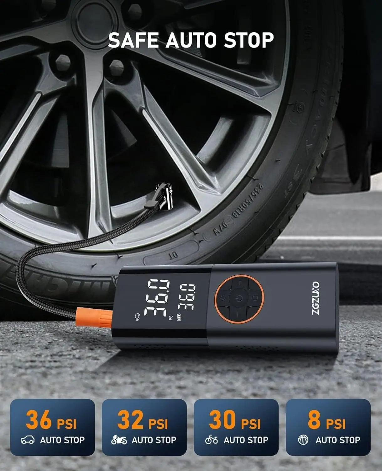 150PSI fast wireless air pump, suitable for tires, with digital pressure gauge and LED light, can be used for cars, bicycles