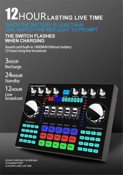 * K1 Live Sound Card Voice Changer Karaoke  Audio Mixer for Broadcast Recording KTV Music Audio Multifunctional Live Sound Card