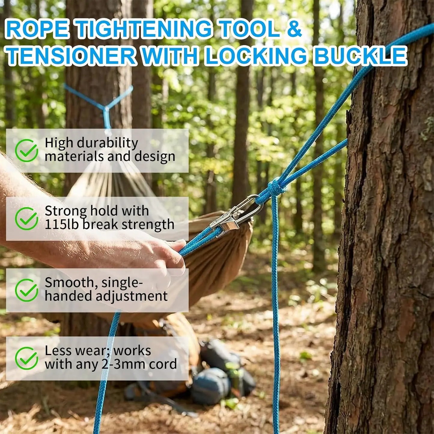 Heavy-duty rope lashing tools and tensioners, roller tensioners and adjustable buckles, with auxiliary ropes, ideal for camping
