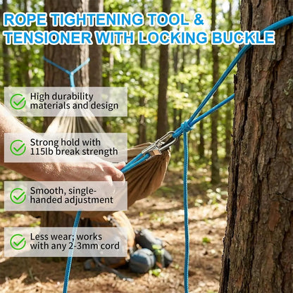 Heavy-duty rope lashing tools and tensioners, roller tensioners and adjustable buckles, with auxiliary ropes, ideal for camping
